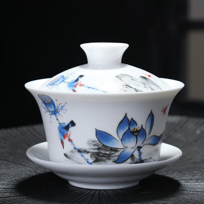 China Gaiwan Porcelain Handpainted Under Glaze Ceramic Tea Cup Bowl Saucer Lid