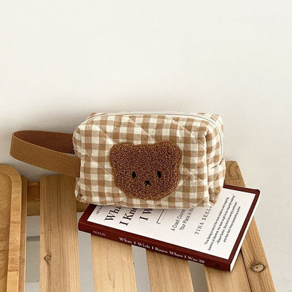 Cute Bear Makeup Bag Large Portable Cosmetic Bags Zipper Cotton Plaid Pouch Case