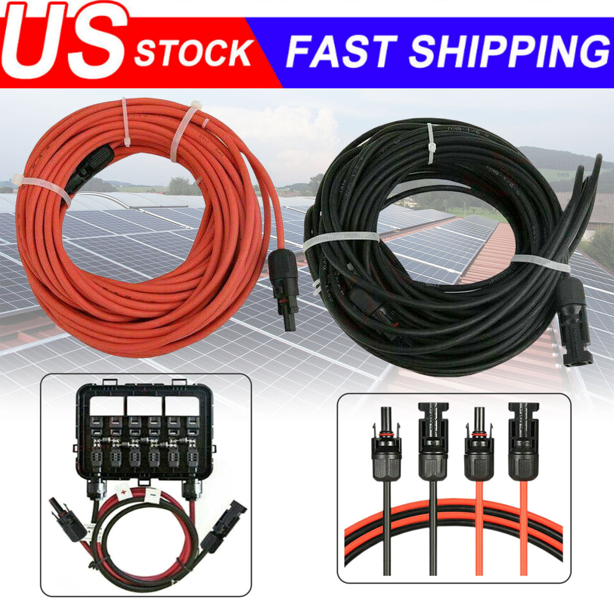 Black+Red 10 AWG Solar Panel Extension Cable Silicone Flexible Wire Connectors