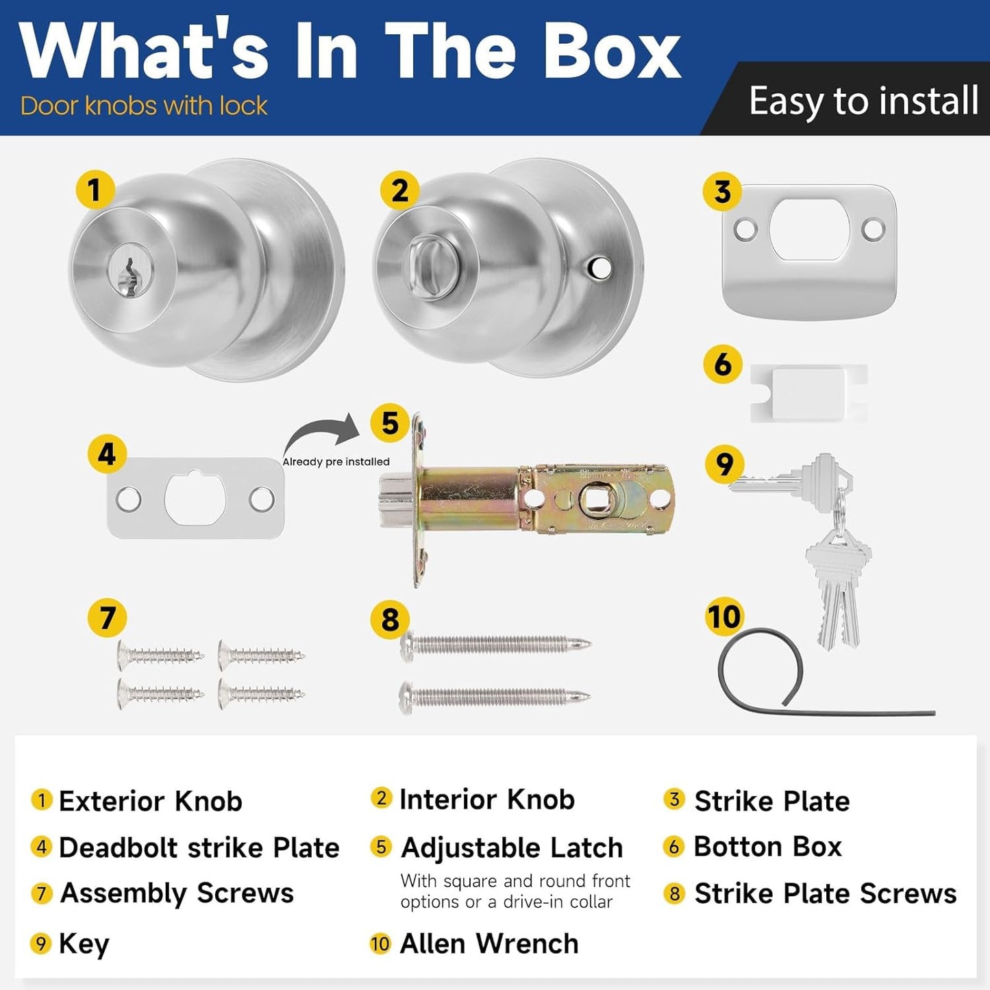 Keyed Entry Door Knob with Lock and Key, Exterior and Interior Door Knob for Bed