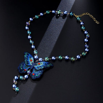 New Chinese Embroidered Butterfly Sweater Necklace Blue Beaded Vintage