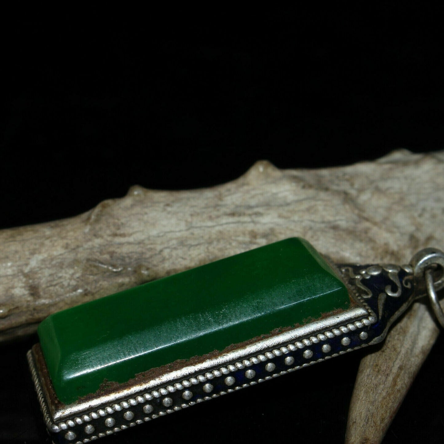 Old Chinese Tibetan silver inlaid green jade pendant