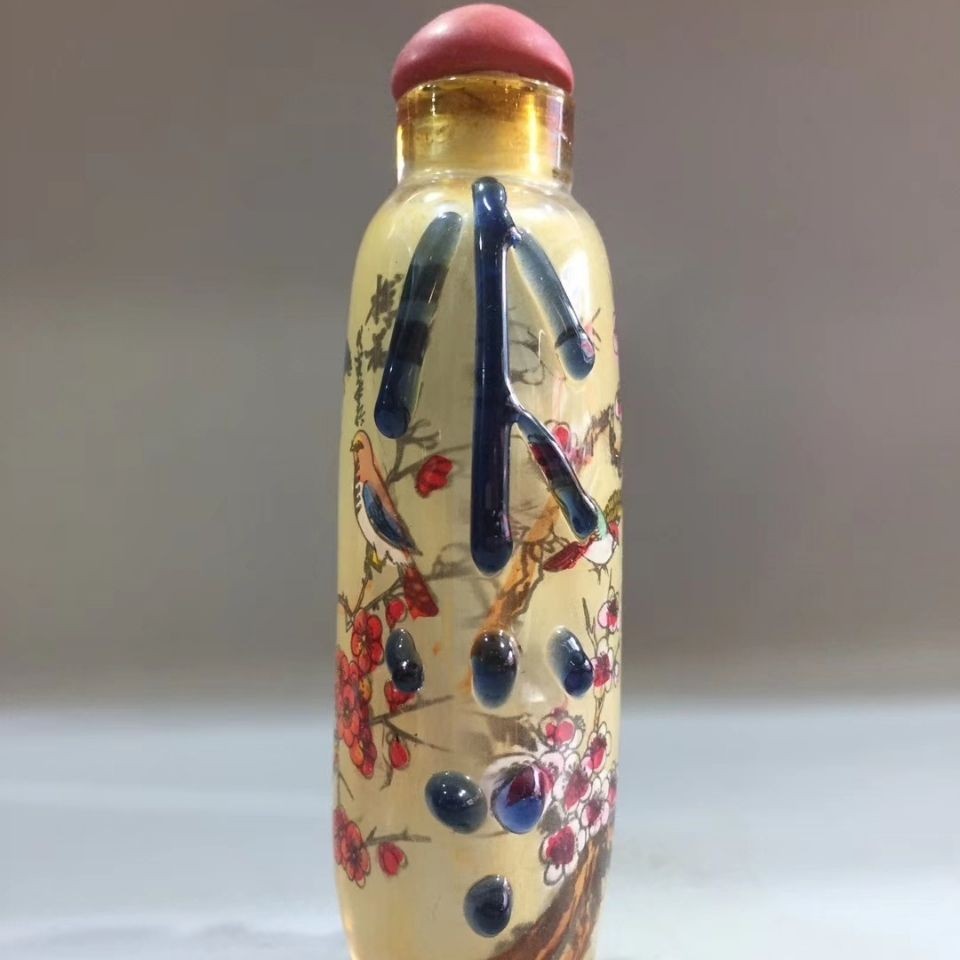 Hand Painted Inside Snuff Bottle Glass Flower Bird Antique Collectible Decor