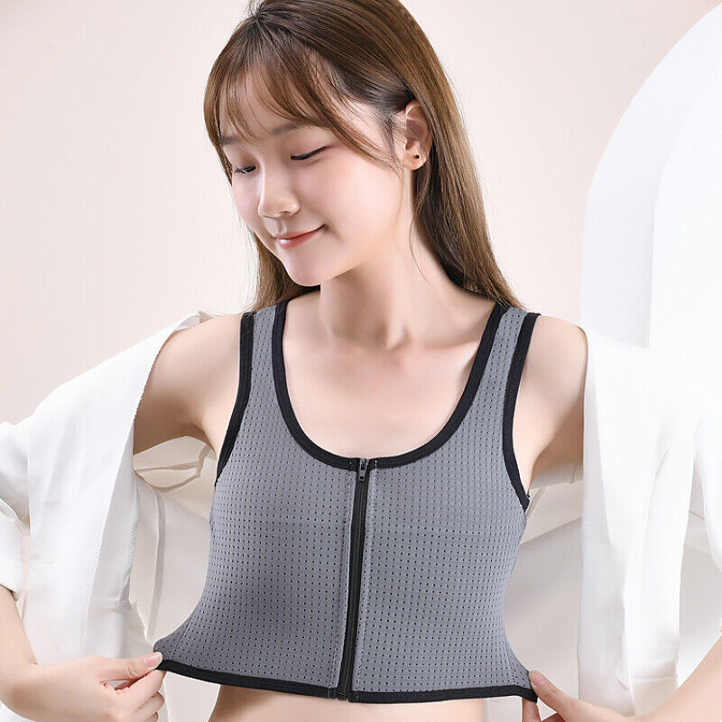 Women Les Net Chest Breast Binder Tomboy FTM Zip Sports Bra Vest Tank Top