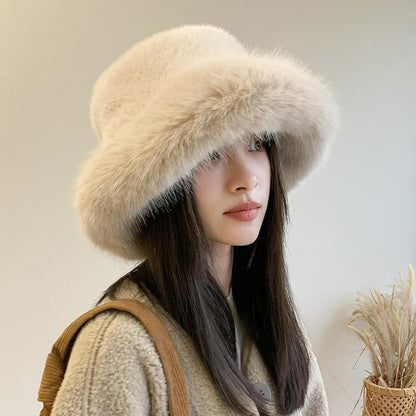 Womens Real Rabbit/Rex Fur Hat Bowler Hat Warm Beanie W Fox Fur Brim