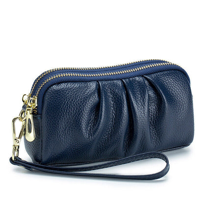 Women Hand Collar Leather Bag Zipper Large Capacity Cowhide Phone Clutch Wallet