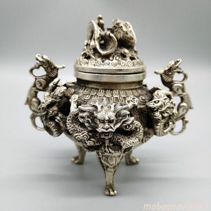 Silver Nine Dragon Censer Old Stamp Tripod Incense Burner Statue Collection