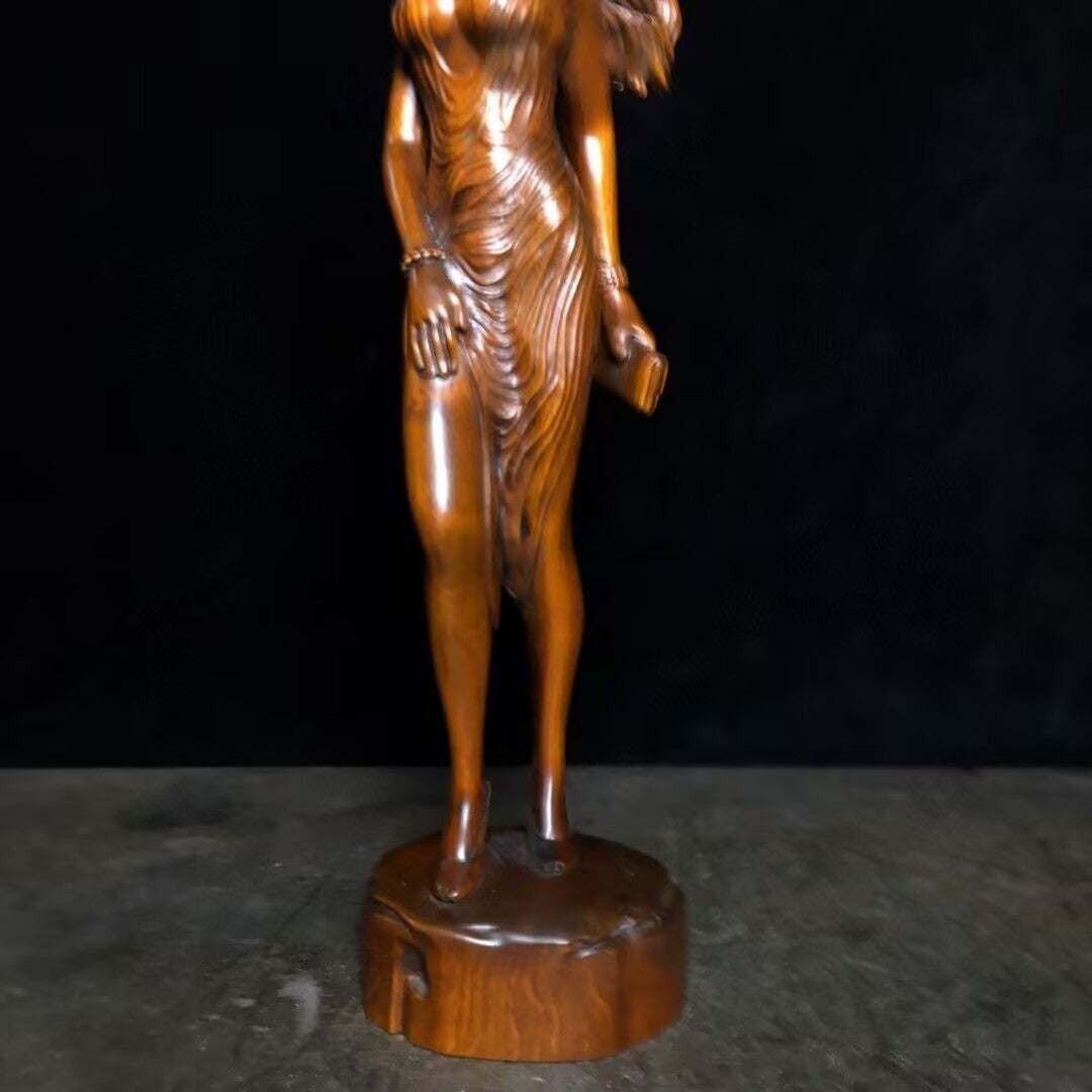 8.7" Old Boxwood Carved Beauty Lady Girl Statue Figurine Model Artwork Collect