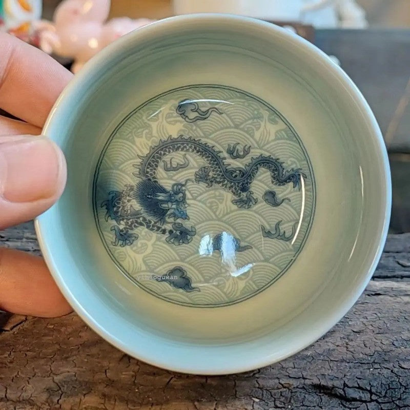 125ML Exquisitely Chinese Retro Blue Glazed Dragon Patterned Porcelain Tea Cups