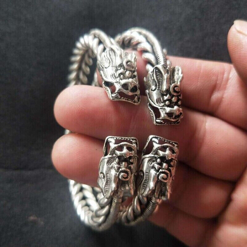 Chinese old Tibet Silver handcarved Dragon head pattern bracelet