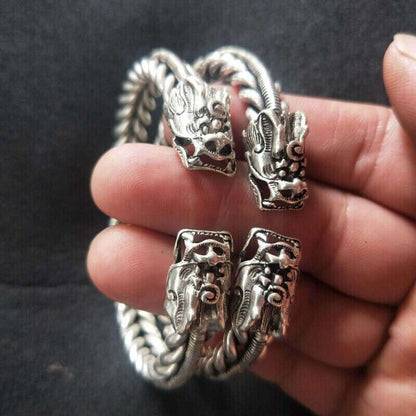 Chinese old Tibet Silver handcarved Dragon head pattern bracelet