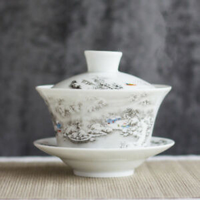 3.7" Chinese Porcelain Tea Set Ceramic Gaiwan Floral Tea Cup Lid Saucer Collect