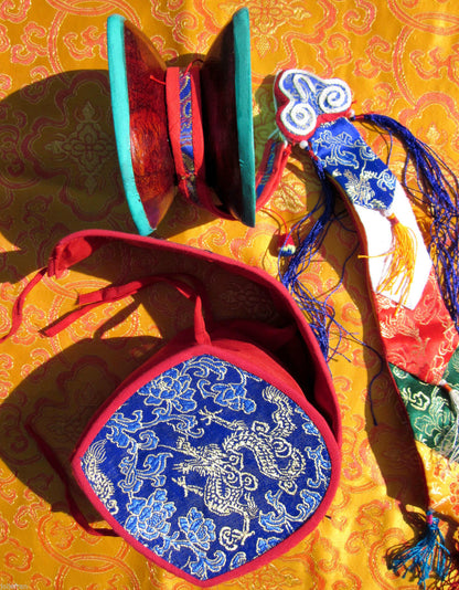 5inch Xizang Kaiguang Traditional Damaru Hand Beat Drum Brocade Protective Shel