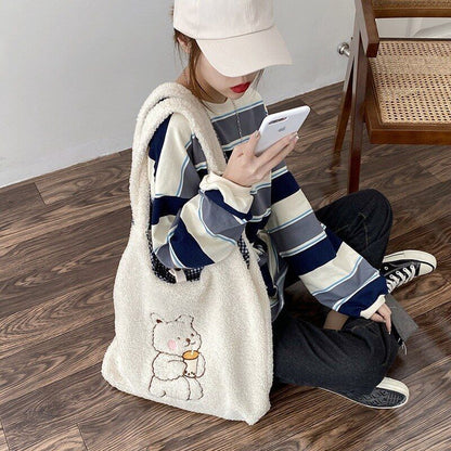 Women Soft Plush Tote Simple Warm Cloth Shopper Bags Handbag Shoulder Bag Purses