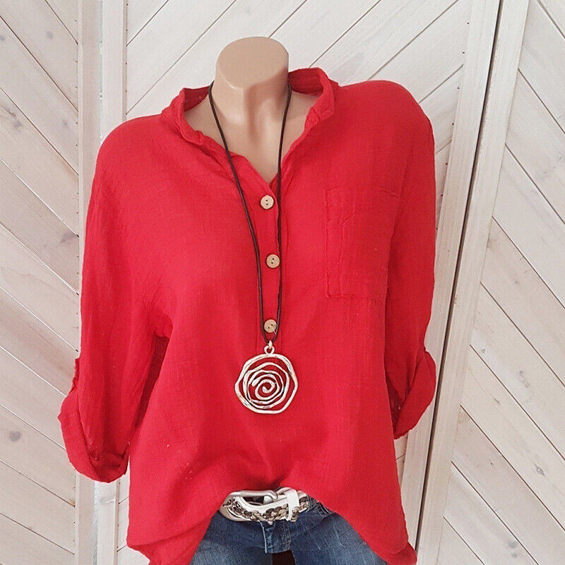 Womens Tunic Cotton Linen Pullover Blouse Tops Ladies Baggy Long Sleeve T-Shirt