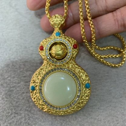 Chinese Style Rotatable Luminous Gourd Pendant Inlaid Diamond Gilt Necklace