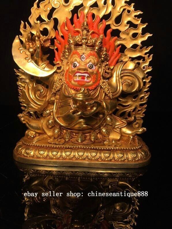 9''Old Nepal Buddhism Copper Gilt Painting Mahakala Wrathful Deity Buddha Statue