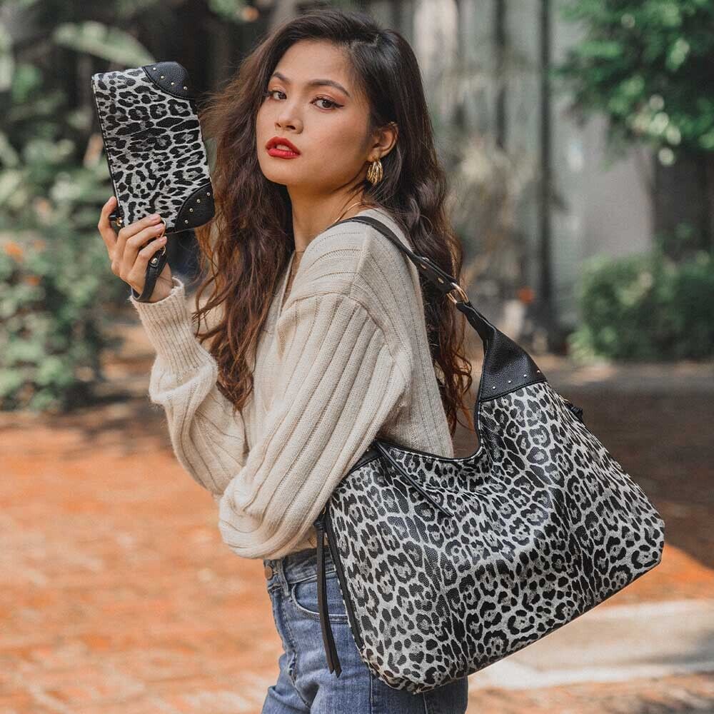 Leopard Black Women Concealed Carry Handbag Studs Hobo Shoulder Bag W/ Purse