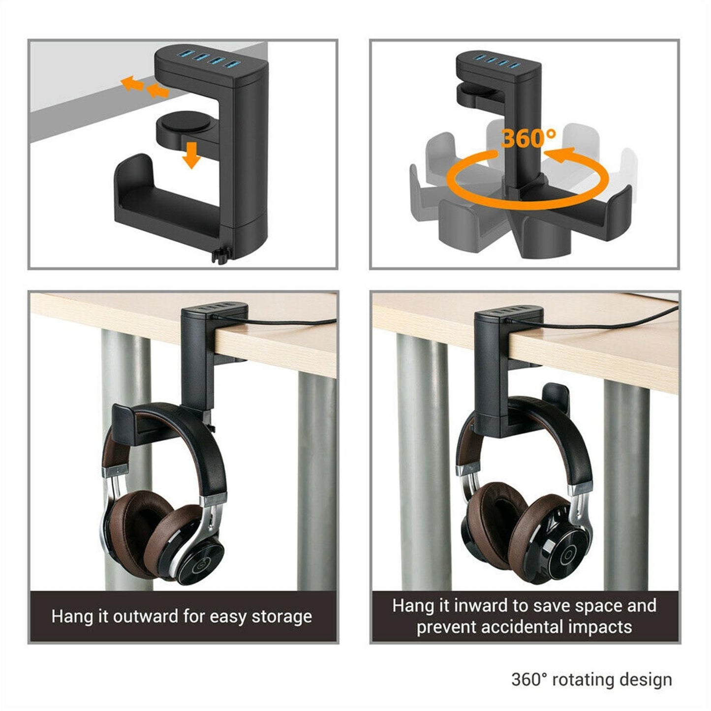 360° Rotation Headset Holder Earphone Storage Hook Stand 4-Port USB Data Hub bb