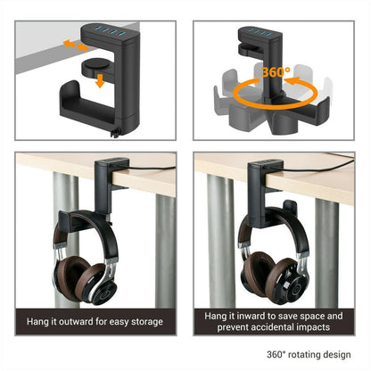360° Rotation Headset Holder Earphone Storage Hook Stand 4-Port USB Data Hub bb