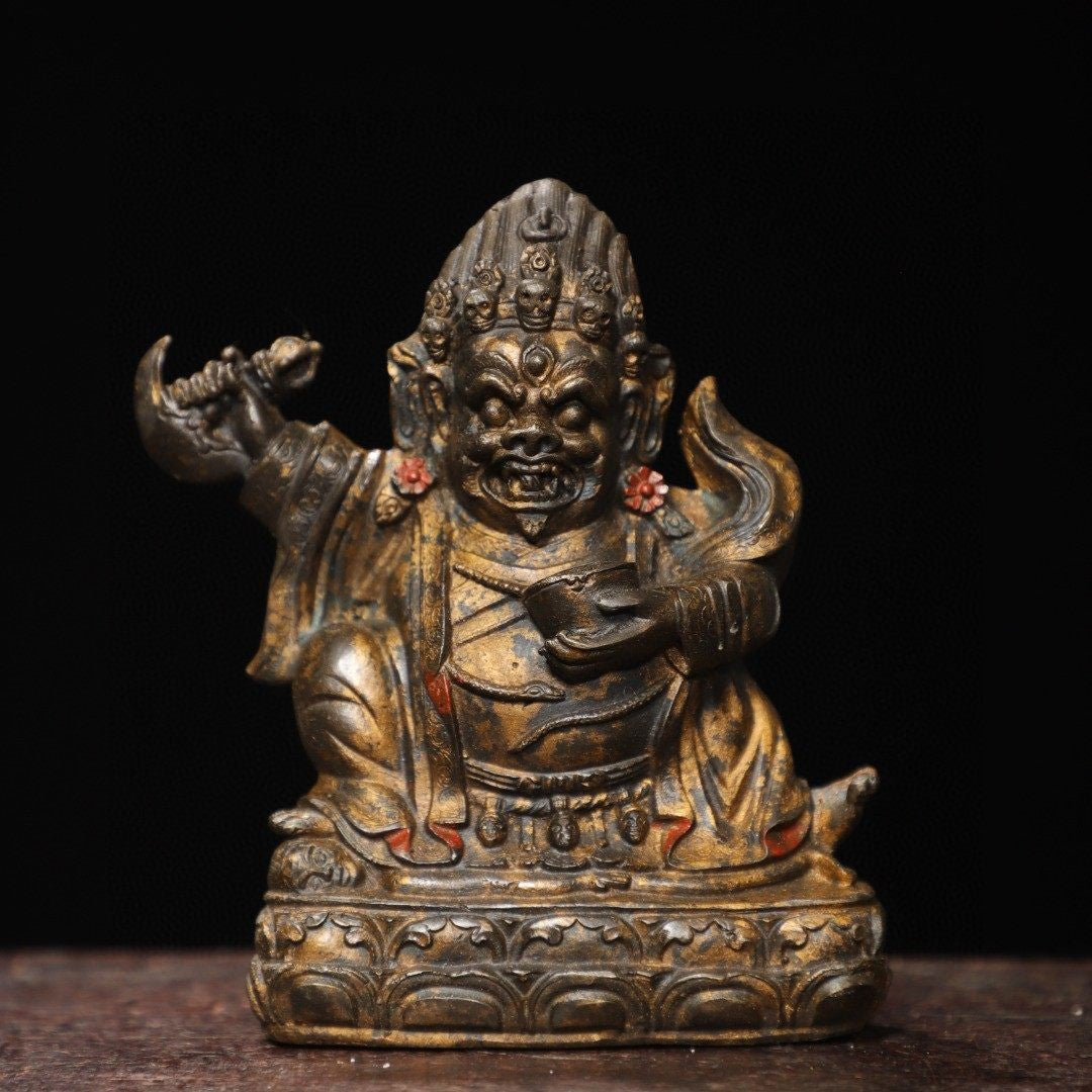 4.8"old Tibet Buddhism Temple Bronze Gilt Mahakala Wrathful Deity Buddha Statue