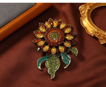 Vintage Sunflower Brooch 10.6×6.8cm Crystal Paved Oversized Lapel Pin Jewelry