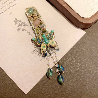 Irregular Stone Butterfly Tassel Crystal Hair Clips (2 Pack)