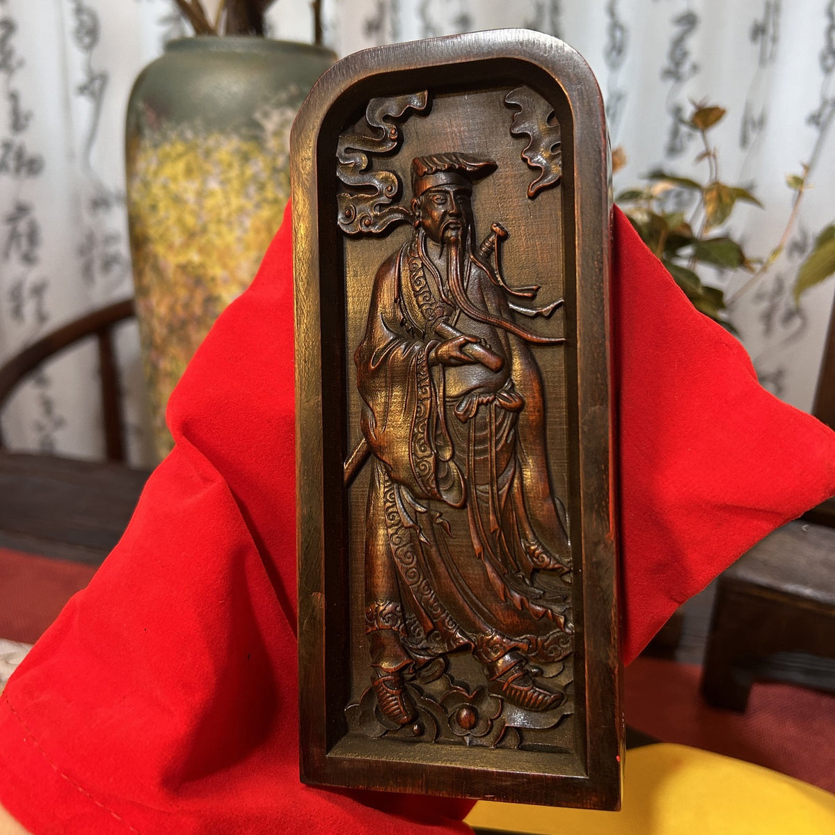 Natural Jujube Wood Carved Lu Dongbin Token Plate Taoism Sage Master Immortal