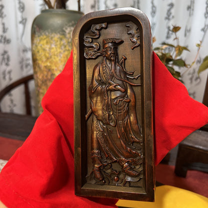 Natural Jujube Wood Carved Lu Dongbin Token Plate Taoism Sage Master Immortal