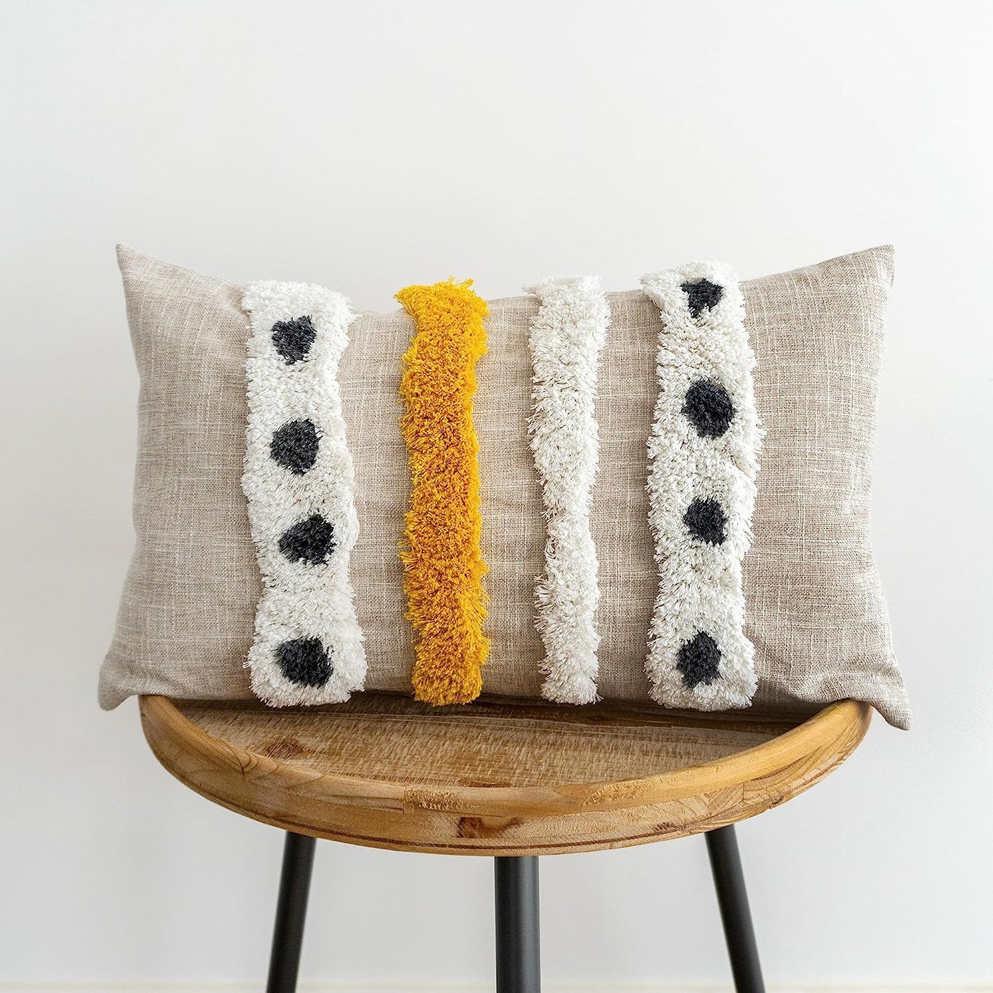 Boho Tufted Lumbar Throw Pillow Cover with Handwoven Stripes Cotton Cushion