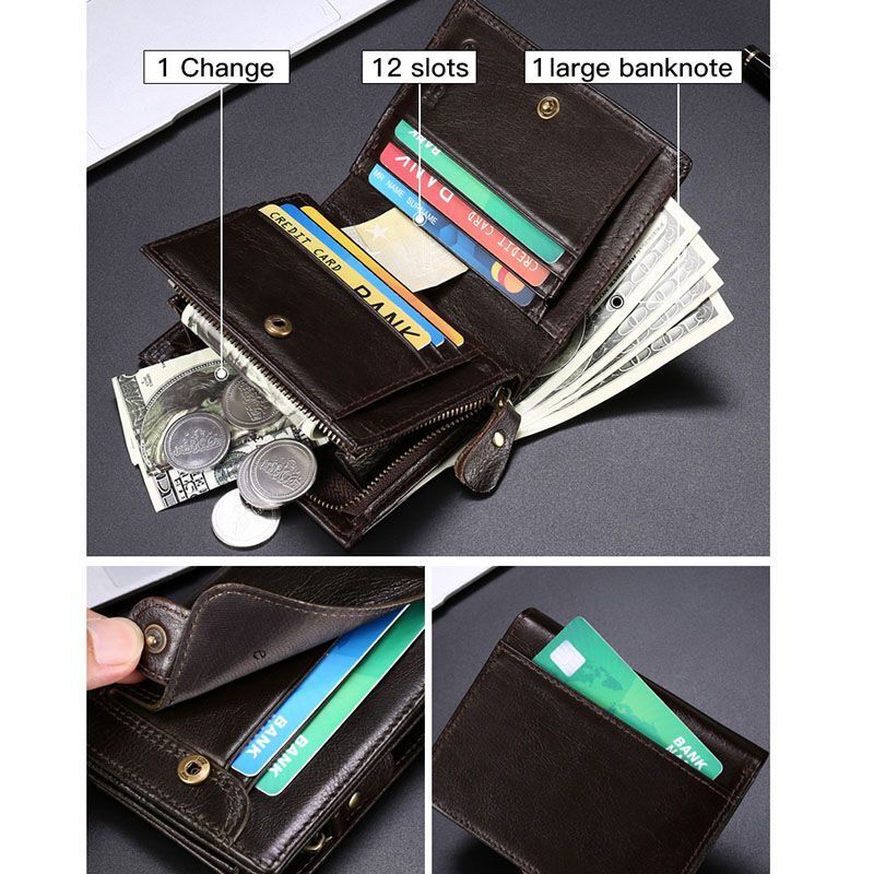 Vintage Genuine Leather Wallet Credit Card Id Holder Zipper Purse RFID Card Bag