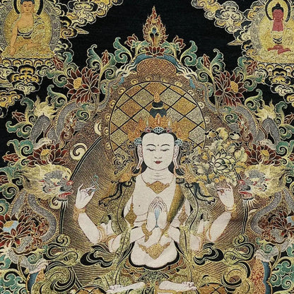 35" Tibetan Buddhism Embroidery Four-armed Guanyin Buddha Thangka Worship Hall