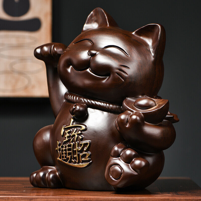 Arts Crafts Ebony Wood Carved Maneki Neko Statue Lucky Cat Feng Shui Decor