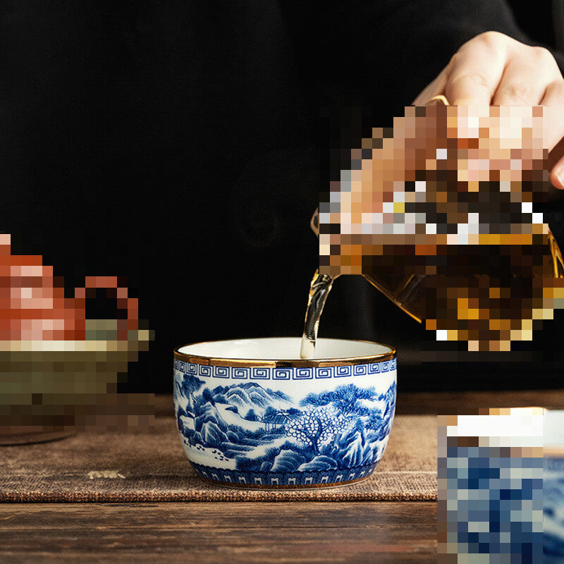 Jingdezhen-Hand-painted Blue and White Cup, Inlaid with Gold Ceramic Tea Bowl