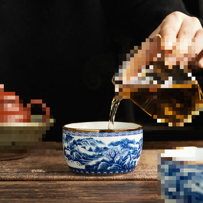 Jingdezhen-Hand-painted Blue and White Cup, Inlaid with Gold Ceramic Tea Bowl