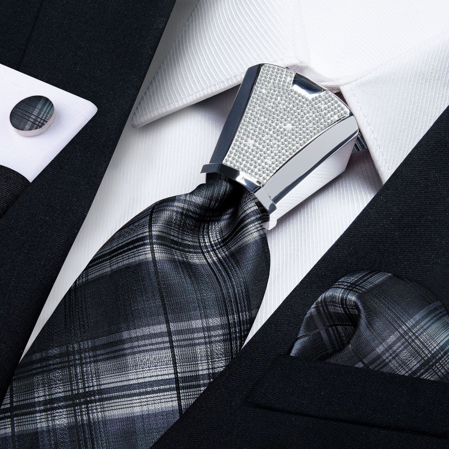 Men Necktie 3Pcs Luxury Striped Ties Cufflinks Pocket Square Wedding Accessories