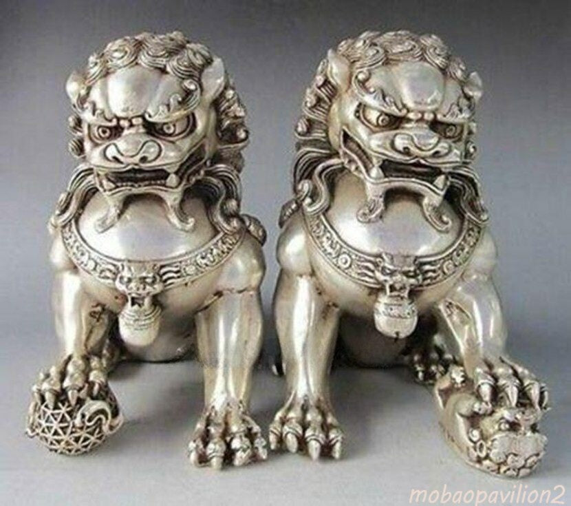 Pair Rare Silver Guardian Lion Foo Fu Dog Statue Collection