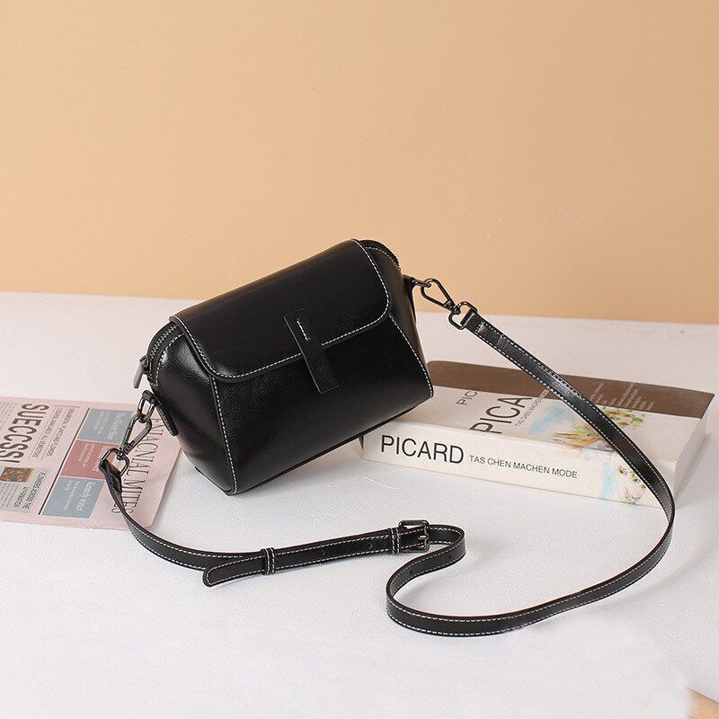 Wax Cowhide Leather Crossbody Small Bag Shoulder Shell Casual Purse Polyester
