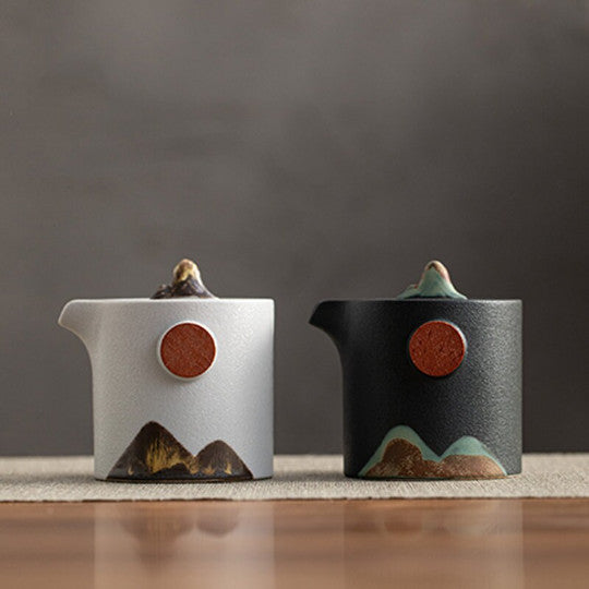 Ceramic Teapot with 2 Cups Handpainted Mountain Portable Travel Tea Set with Bag