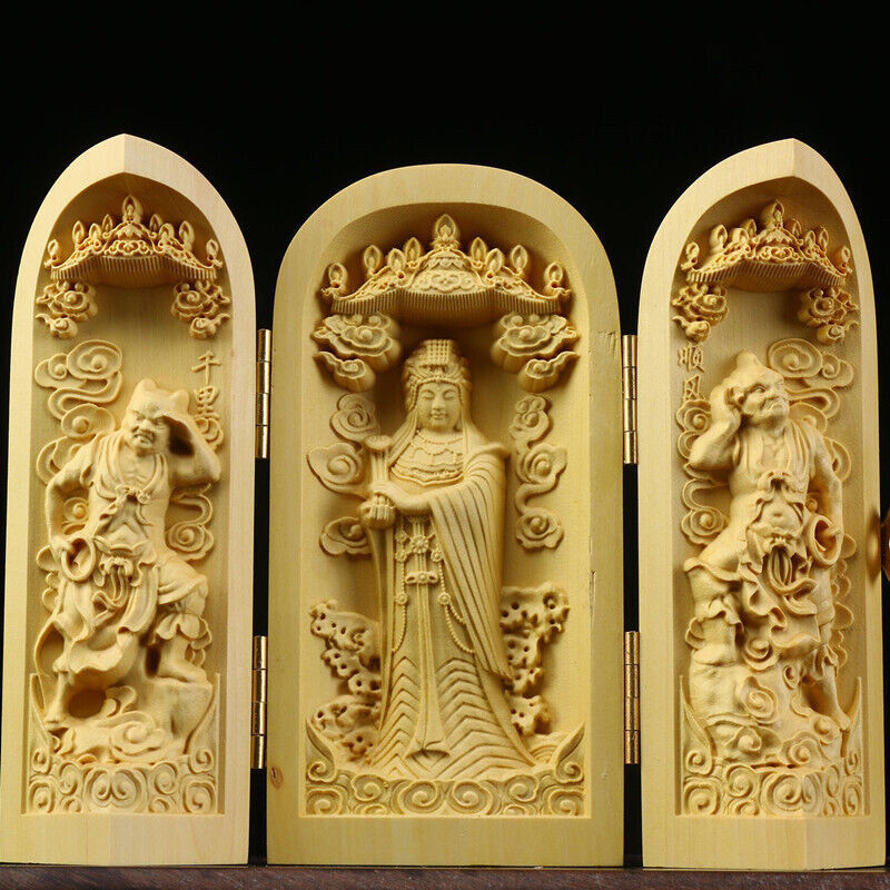 Buddha Statue Carved Wooden Sculpture Decor Three Open Box Home Ornaments NEW