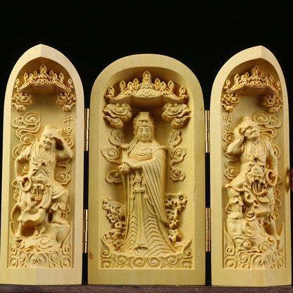 Buddha Statue Carved Wooden Sculpture Decor Three Open Box Home Ornaments NEW