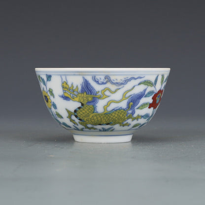 3.5" China Ming Doucai Porcelain Pottery Handmade Animal Kylin Cup Bowl