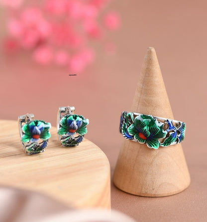 Real Solid 925 Sterling Silver Hoop Women Hollow Enamel Lotus Flower Earrings