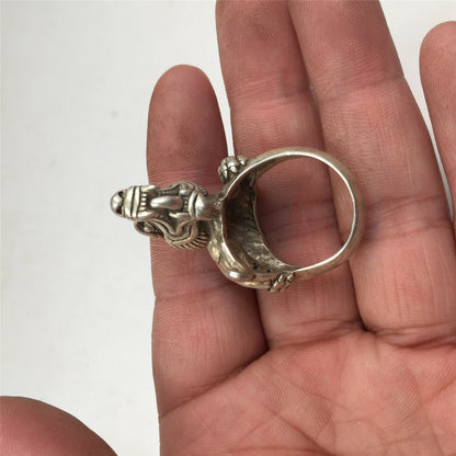 China OLD antique 23mm Tibetan silver handmade 3D dragon Unicorn Kylin ring