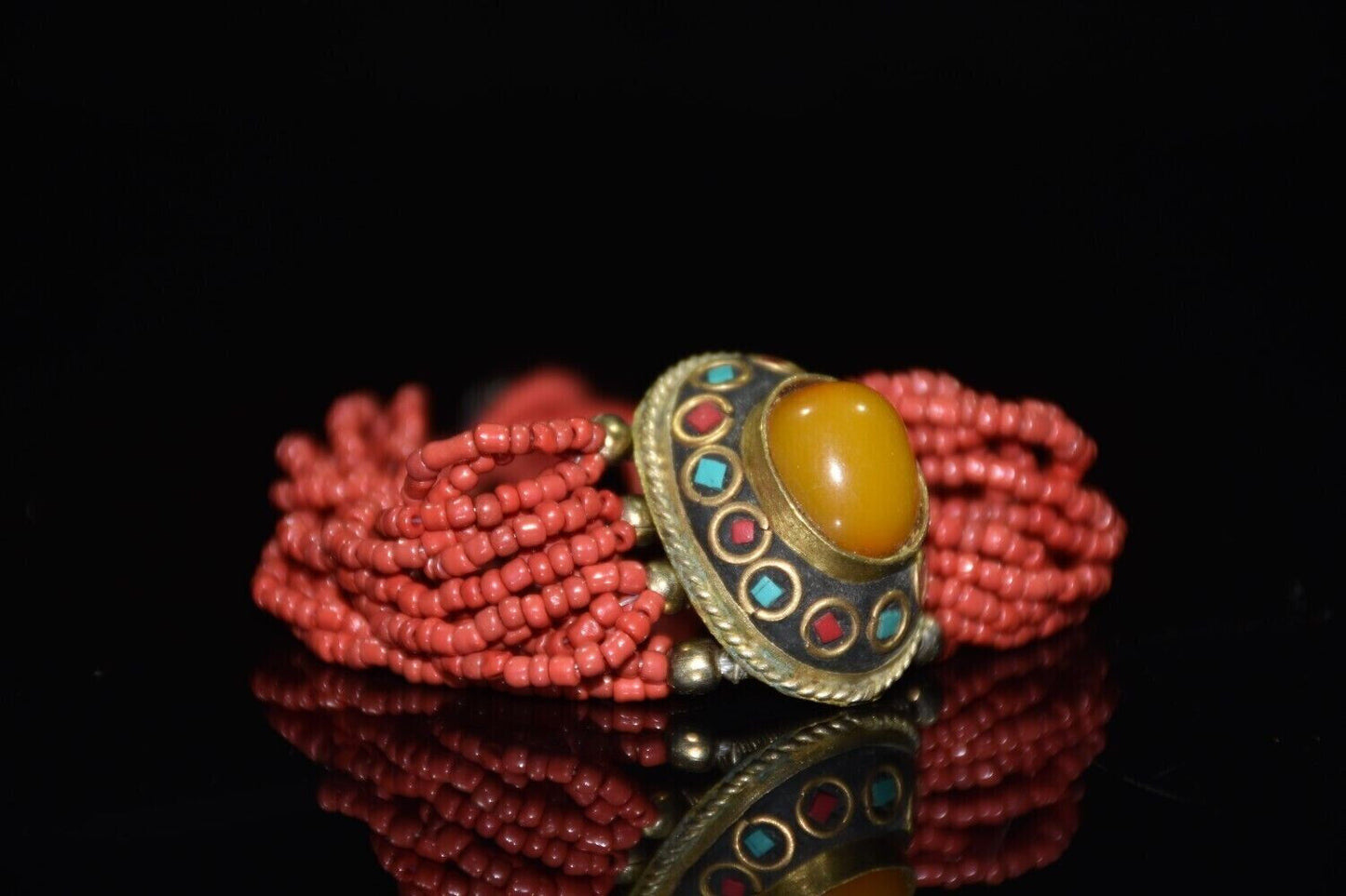 Tibet white copper inlaid gemstone honey wax imitation red treasure bracelet