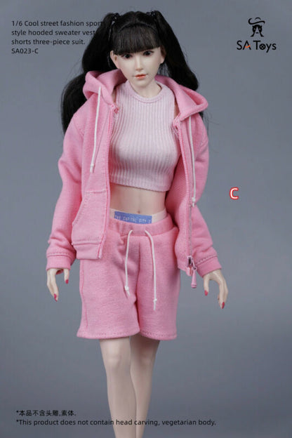 1/6 Female Sports Style Hooded Sweatshirt Tank Top Shorts F 12”ph Action Body