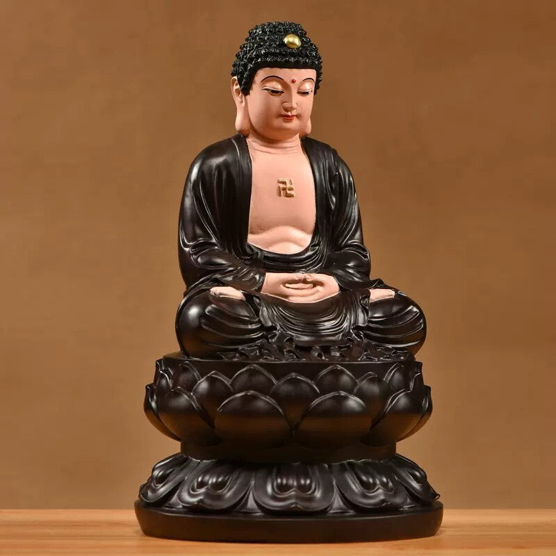 8" Natural Ebony Wood Carved Sakyamuni Buddha Statue Color Painting Shrine Home