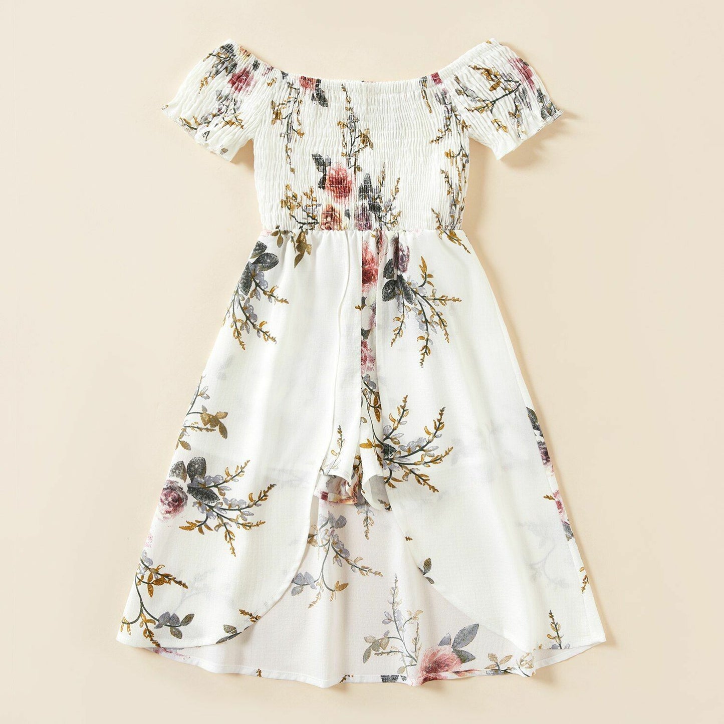 Matching Maxi Rompers Dresses Summer Floral Print White Mommy Me Elastic Waist
