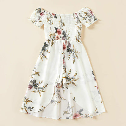 Matching Maxi Rompers Dresses Summer Floral Print White Mommy Me Elastic Waist