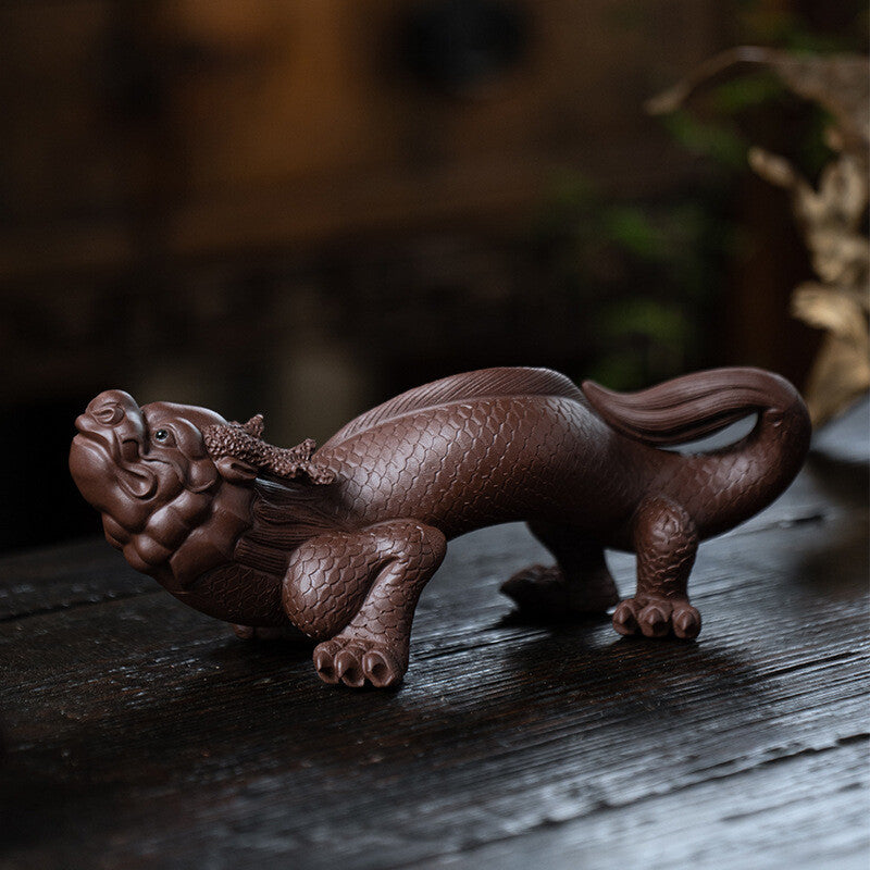 8.2" China Yixing Zisha Pottery Purple Clay Mythical Creatures Dragon Tea Pet